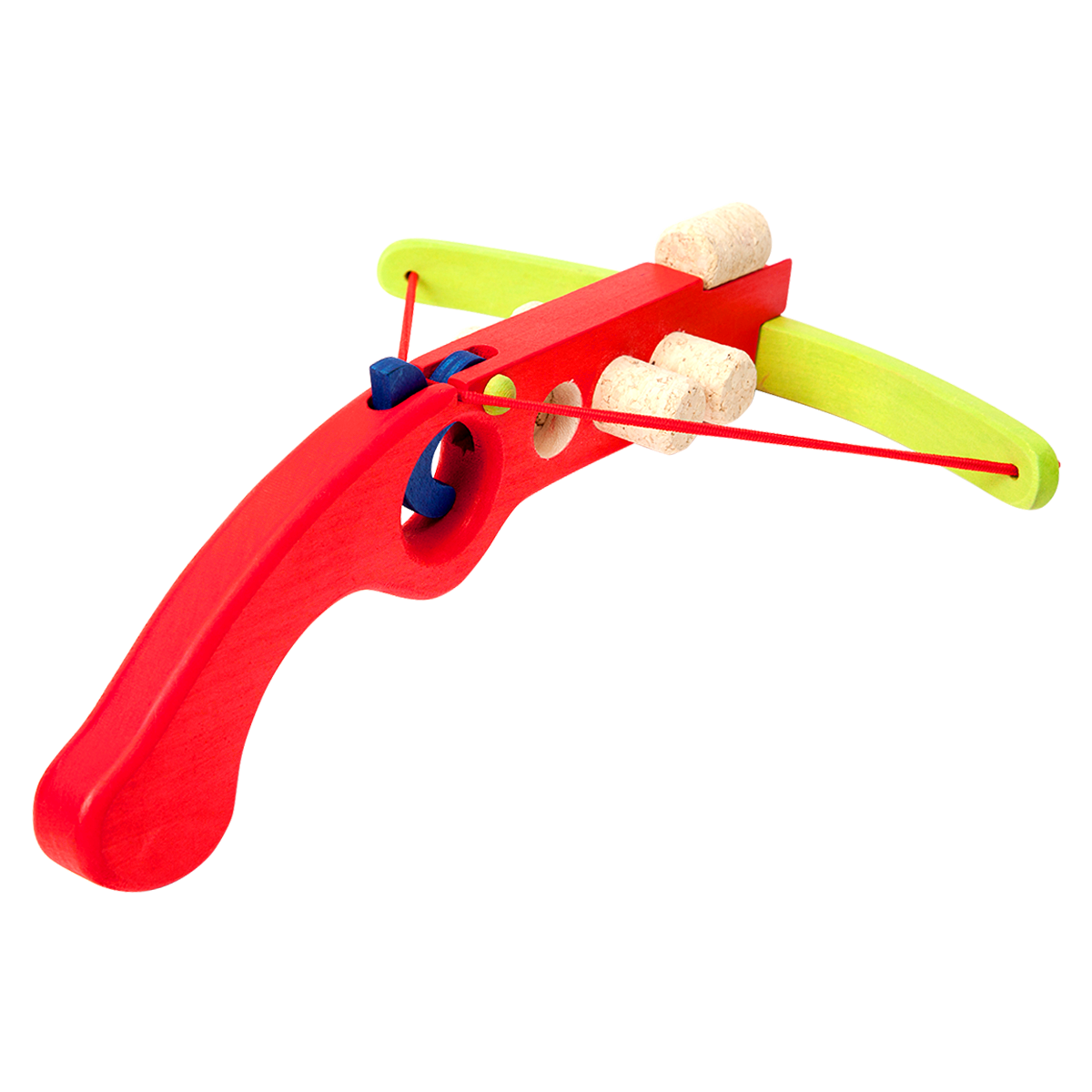 Red wooden cork crossbow with mounted cork bullet